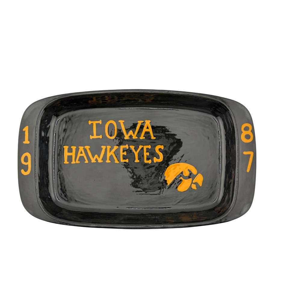 Vintage Iowa Hawkeyes 1987 Handmade Porcelain Serving Tray Black Gold NCAA 12.5"